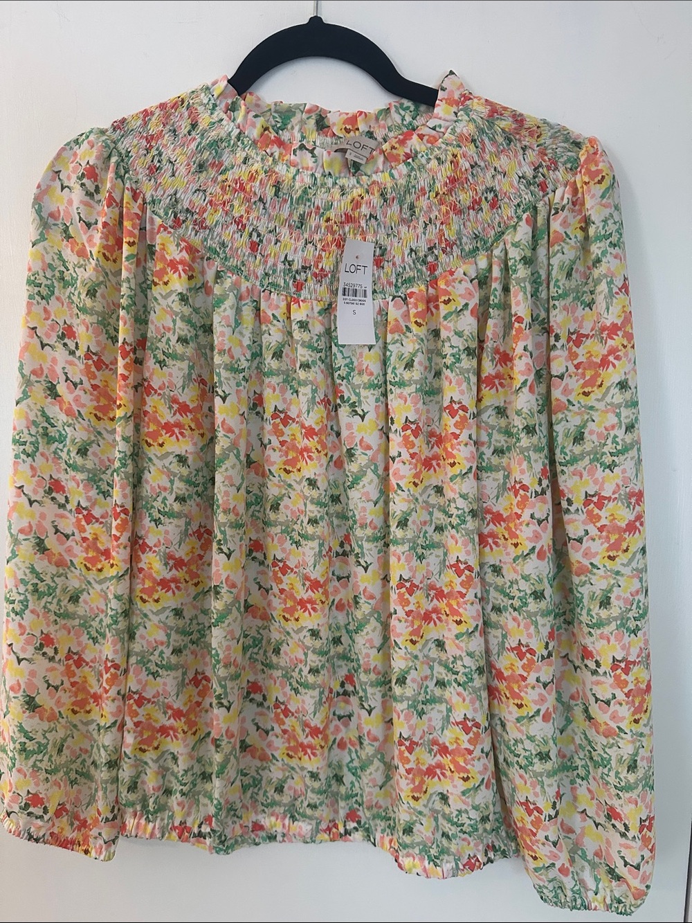 New With Tag- LOFT Floral Smocked Yoke Blouse in Peach, Green and Cream Small